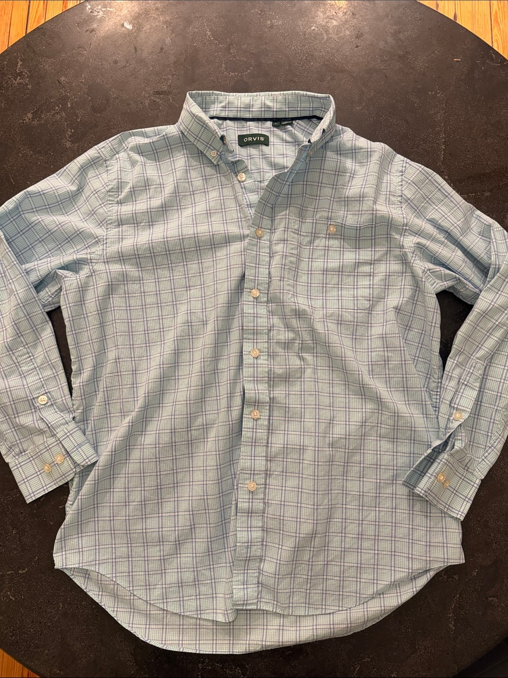 Orvis Men's Light Blue and Navy Plaid Button-Down Shirt